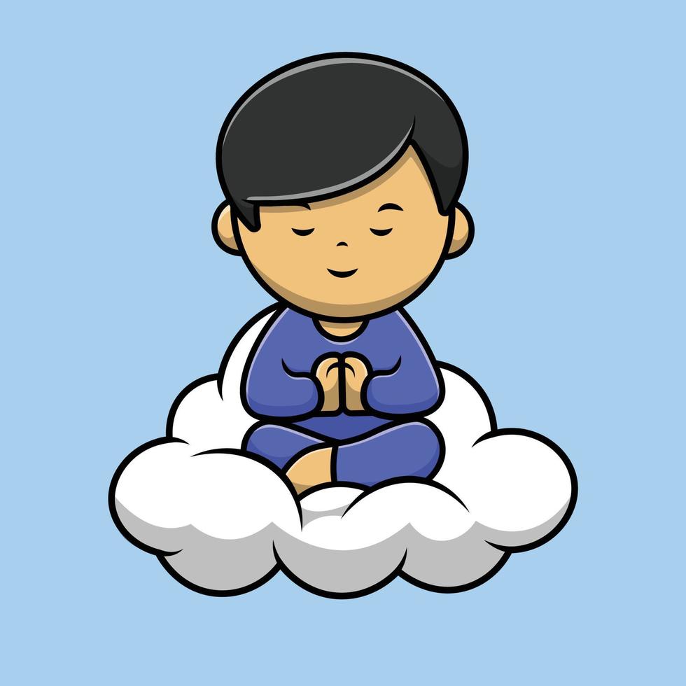 mignon garçon méditant le yoga sur l'illustration d'icône de vecteur de dessin animé de nuage. gens sport icône concept isolé vecteur premium. style de dessin animé plat