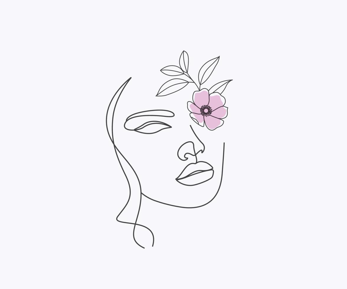 dessin au trait femme nature, visage abstrait avec fleurs et feuilles vecteur