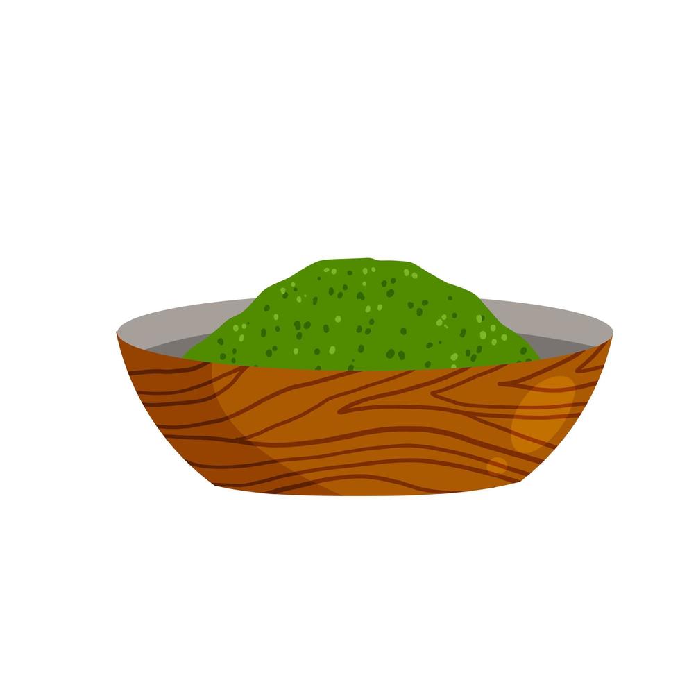 spiruline dans un bol. algues vertes sur assiette. aliments sains en poudre. ingrédient pour cuisiner. dessin animé plat vecteur