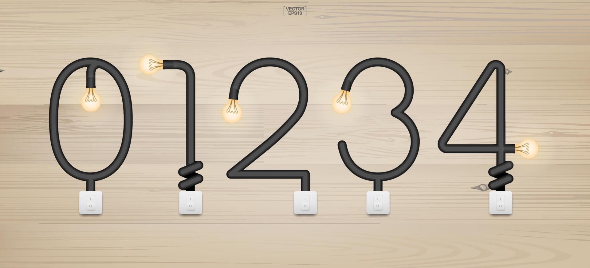 ensemble d'alphabet et de chiffres de loft. alphabet abstrait d'ampoule et interrupteur d'éclairage sur fond de bois. vecteur. vecteur