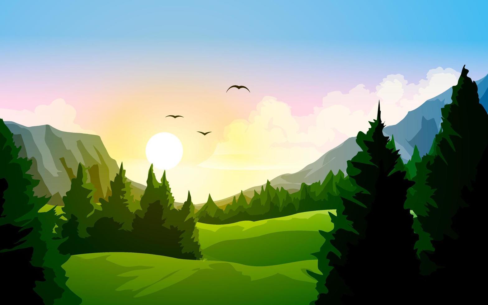 paysage de lever de soleil de montagne dégradé avec des oiseaux volants vecteur