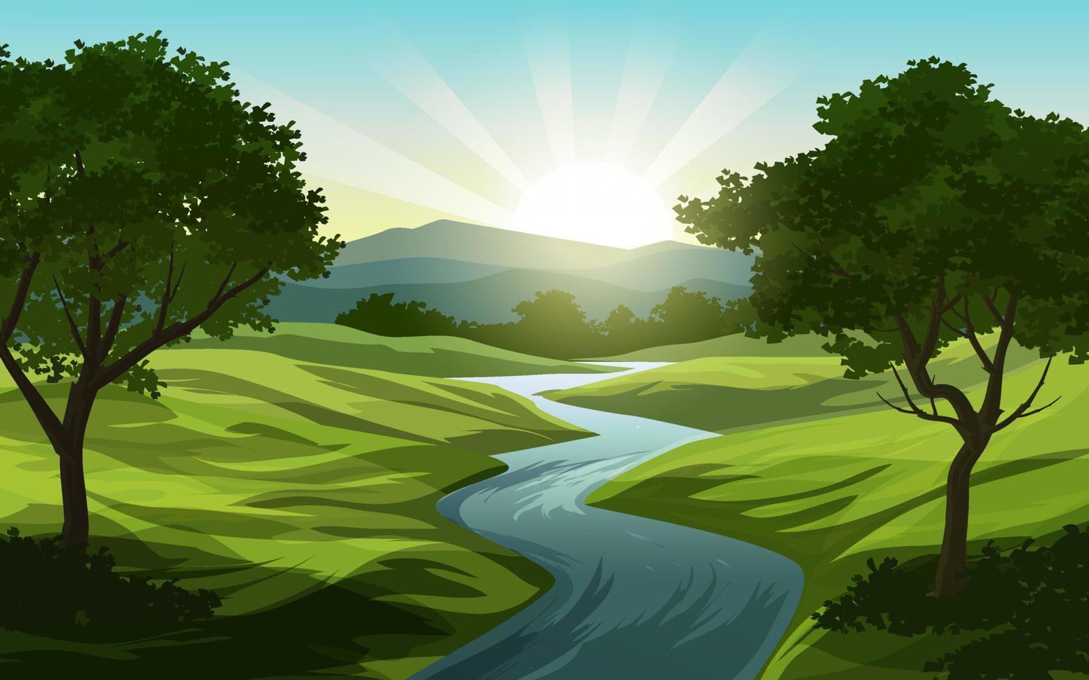 illustration vectorielle du lever du soleil du ruisseau et de la forêt vecteur