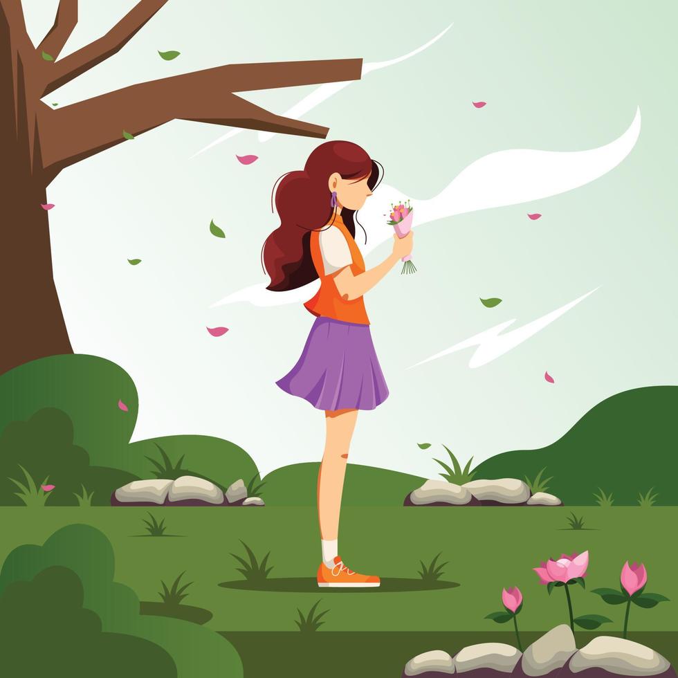 une jeune fille tenant un bouquet de fleurs dans le jardin. journée internationale de la femme vecteur
