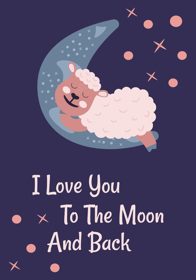 petit mouton mignon dort sur la lune. illustration de dessin animé de vecteur. utiliser pour la carte, l'affiche en pépinière ou l'impression vecteur