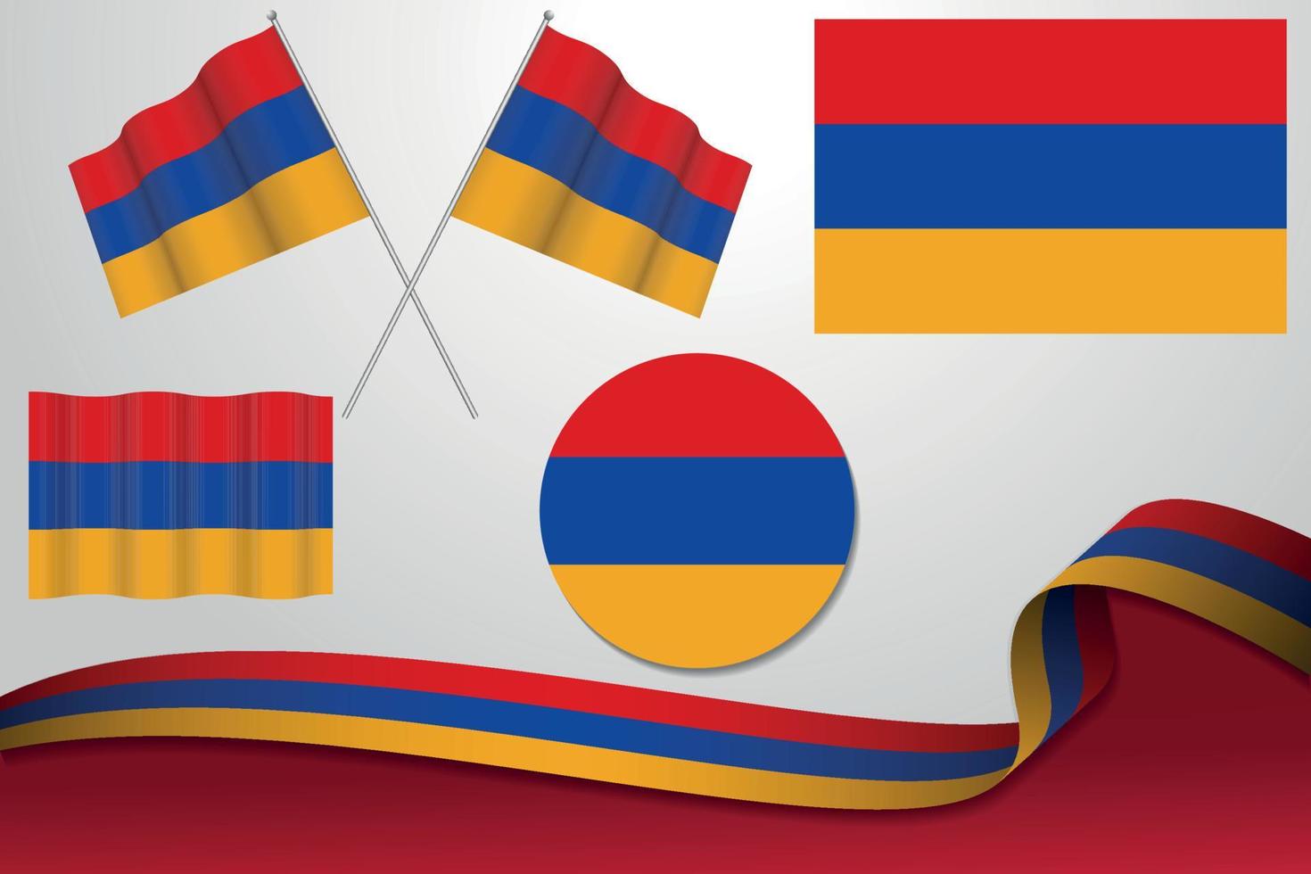 ensemble de drapeaux d'arménie dans différentes conceptions icône écorchant des drapeaux avec ruban avec arrière-plan. vecteur
