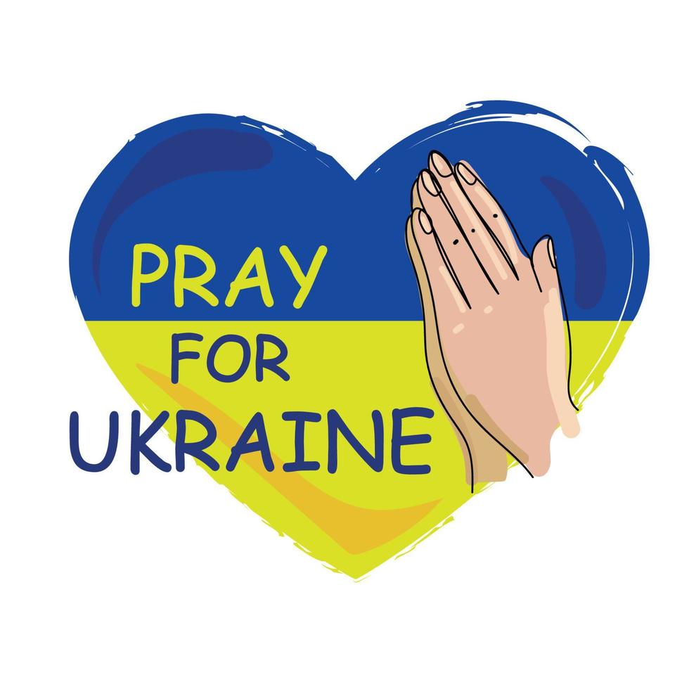 priez pour le concept de l'ukraine, illustration vectorielle. coeur aux couleurs du drapeau ukrainien et mains jointes en prière sur fond blanc. sauver l'ukraine de la russie. vecteur
