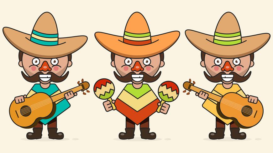 Illustration vectorielle de musiciens mexicains avec trois hommes avec des guitares en vêtements autochtones et vecteur plat Sombrero