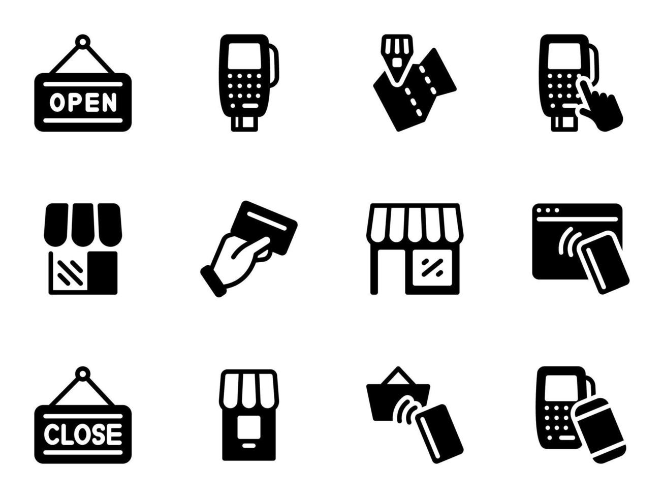 ensemble d'icônes vectorielles noires, isolées sur fond blanc. illustration plate sur un thème achat et vente par carte vecteur