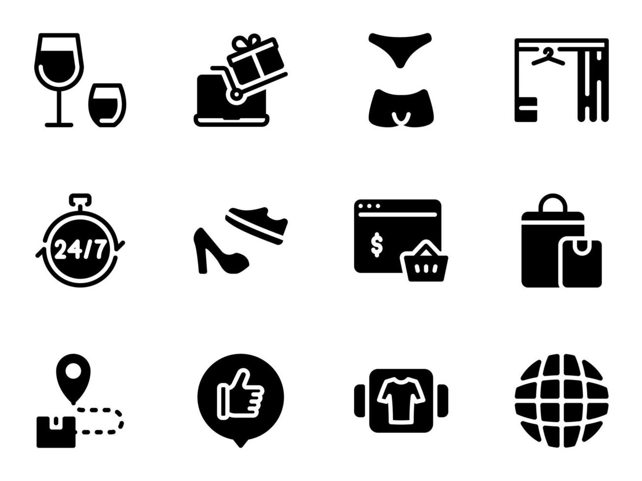 ensemble d'icônes vectorielles noires, isolées sur fond blanc. illustration plate sur un thème achats en ligne de vêtements vecteur