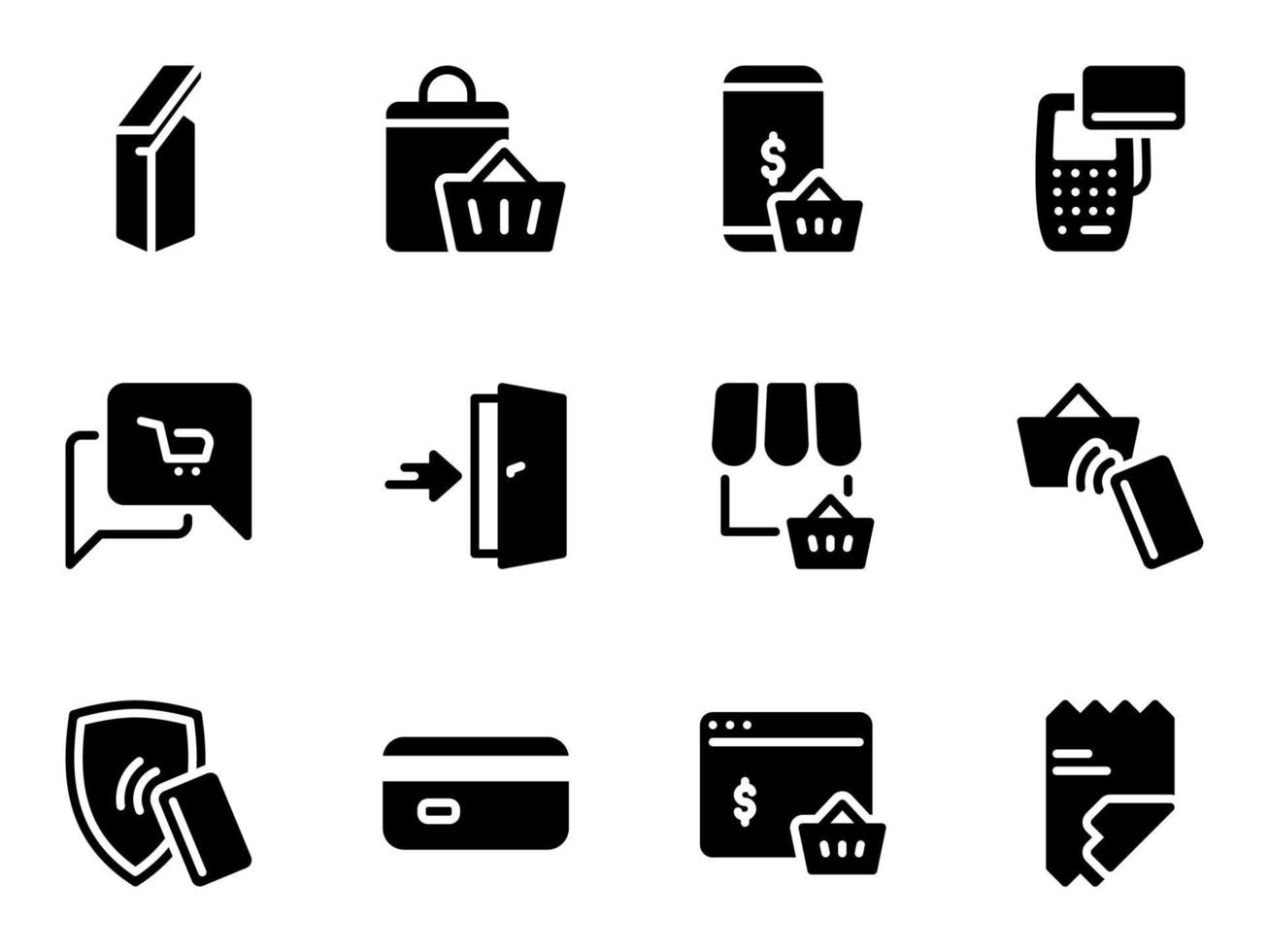 ensemble d'icônes vectorielles noires, isolées sur fond blanc. illustration plate sur une boutique à thème, ventes et achats vecteur