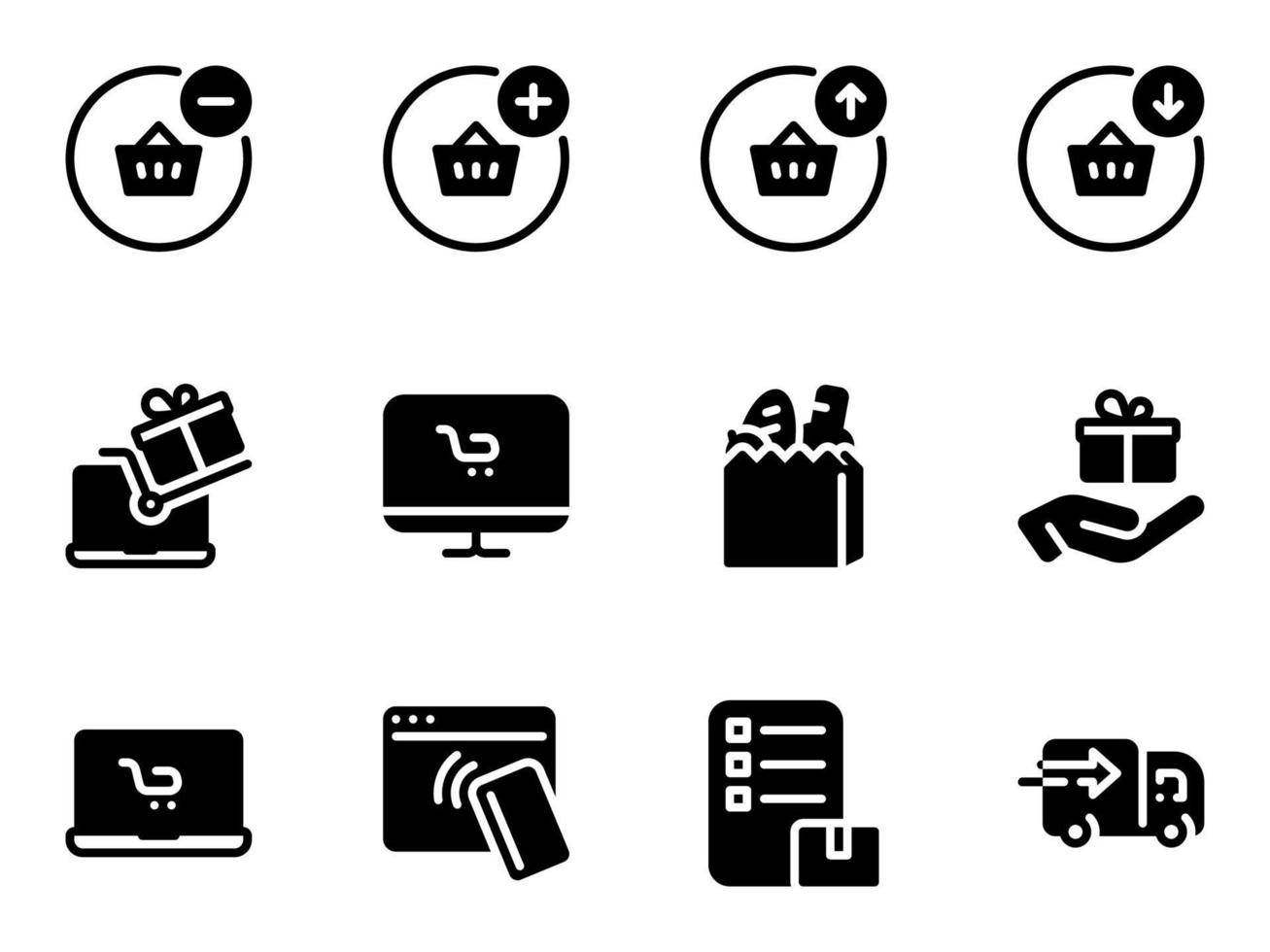 ensemble d'icônes vectorielles noires, isolées sur fond blanc. illustration plate sur un thème acheter, payer, recevoir des marchandises, livraison vecteur