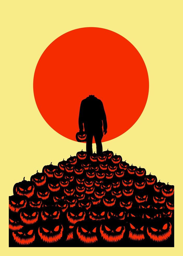 illustration vectorielle, style plat, horreur vintage ou fond d'halloween, la figure d'une silhouette de monstre sans tête debout sur un tas de citrouilles effrayantes jack o lantern à la pleine lune vecteur