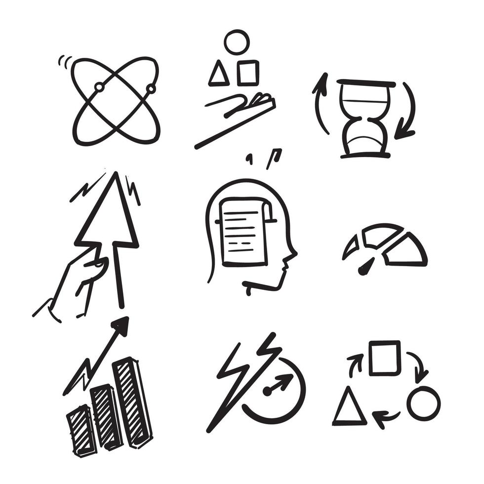 icônes de ligne de doodle dessinées à la main liées à l'efficacité. vecteur d'illustration performant, productif et multitâche