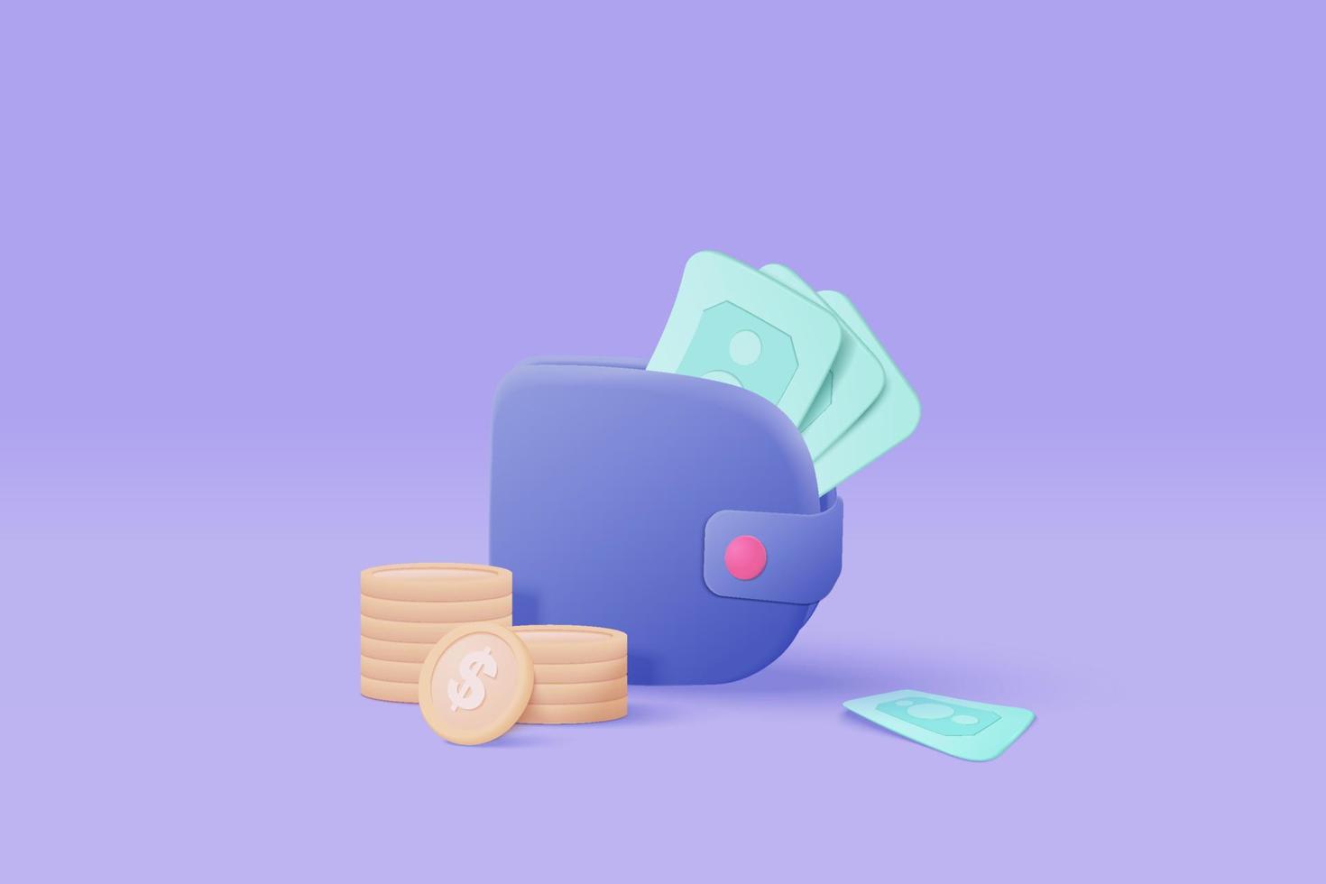 3d vector money holding wallet, pièce d'un dollar sur fond isolé, paiement en ligne et concept d'économie d'argent. Rendu 3d de portefeuille de maintien pour les affaires, la banque, la finance, l'investissement