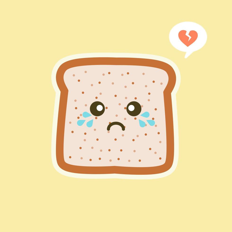 personnage de pain tranché mignon dessin animé drôle de vecteur isolé sur fond de couleur. mascotte d'étiquette de boulangerie. icône d'illustration de personnage de dessin animé plat vectoriel. toast, carte de bonjour, concept de petit-déjeuner