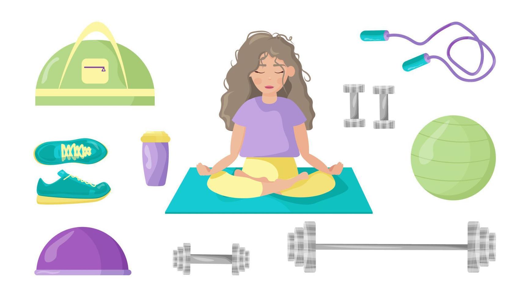 ensemble d'équipements sportifs vectoriels. la fille est assise en train de faire du yoga, du fitness, des étirements. collection d'haltères d'éléments sportifs, corde à sauter, ballon aérobie, tapis, sac, baskets isolés sur fond blanc. vecteur