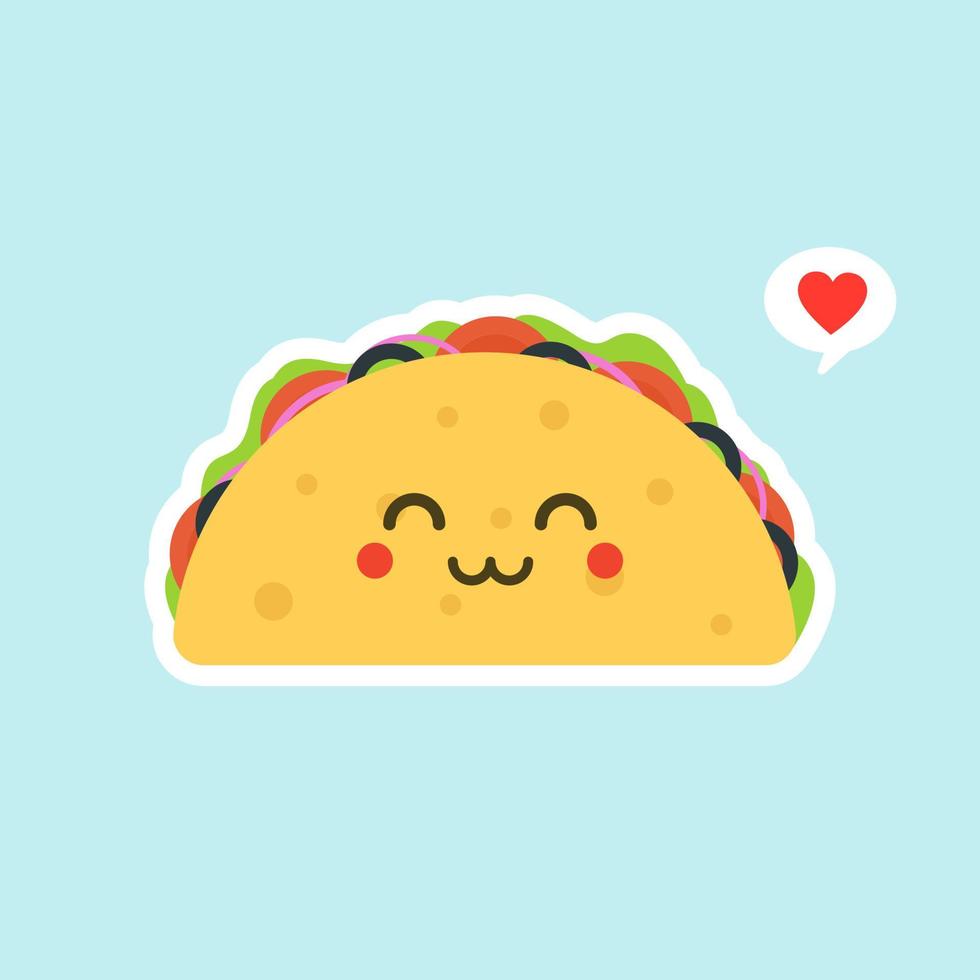 illustration vectorielle avec des tacos mexicains kawaii food. la tortilla va tacos. illustration de dessin animé mignon isolée sur fond de couleur. vecteur