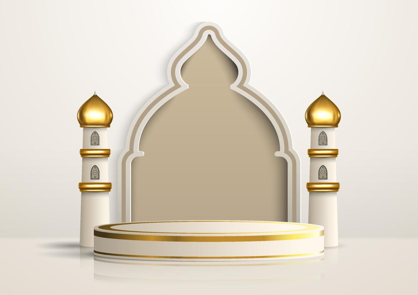 podium d'affichage de produit islamique réaliste avec porte de mosquée et minarets dorés sur fond blanc. illustration islamique 3d pour la publicité, les ventes et les achats en ligne. conception de socle lumineux vecteur