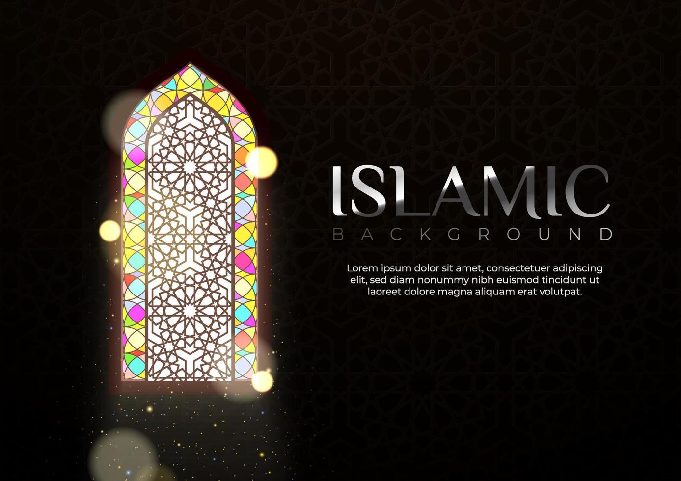 belle illustration islamique avec des vitraux colorés de la mosquée. carte de voeux islamique avec des rayons de soleil à travers la fenêtre de la mosquée et des particules de bokeh brillantes. illustration intérieure de la mosquée vecteur