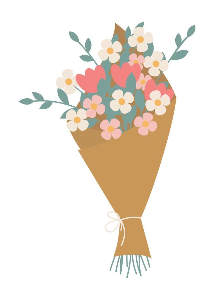 beau bouquet de fleurs enveloppé dans du papier brun. cartes mignonnes, contenu, bannière, étiquette autocollante et affiches pour les vacances de printemps. cadeau pour mariage, concept de vacances. illustration vectorielle plane dessinée à la main. vecteur