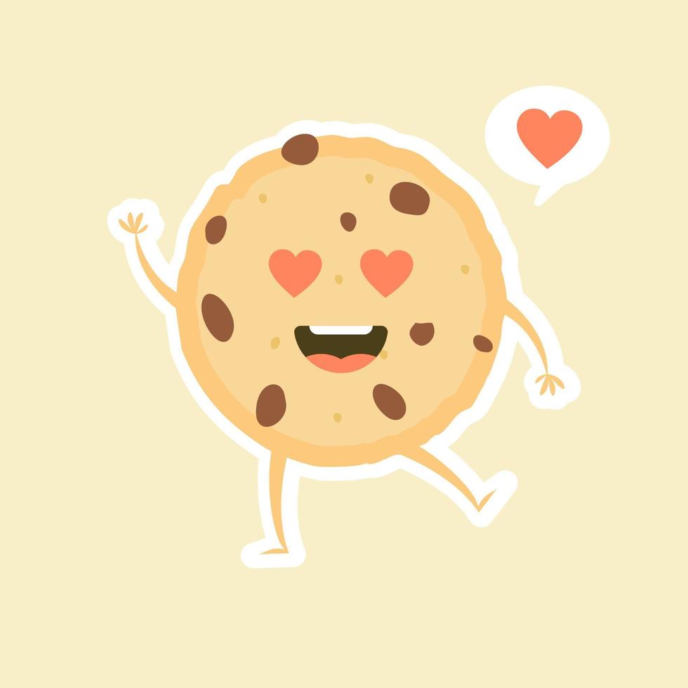 personnage de cookie aux pépites de chocolat de dessin animé mignon avec un visage drôle. illustration de vecteur de mascotte cookie heureux mignon isolé sur blanc. concept de conception de menu pour enfants. émoticône alimentaire visage souriant et surpris