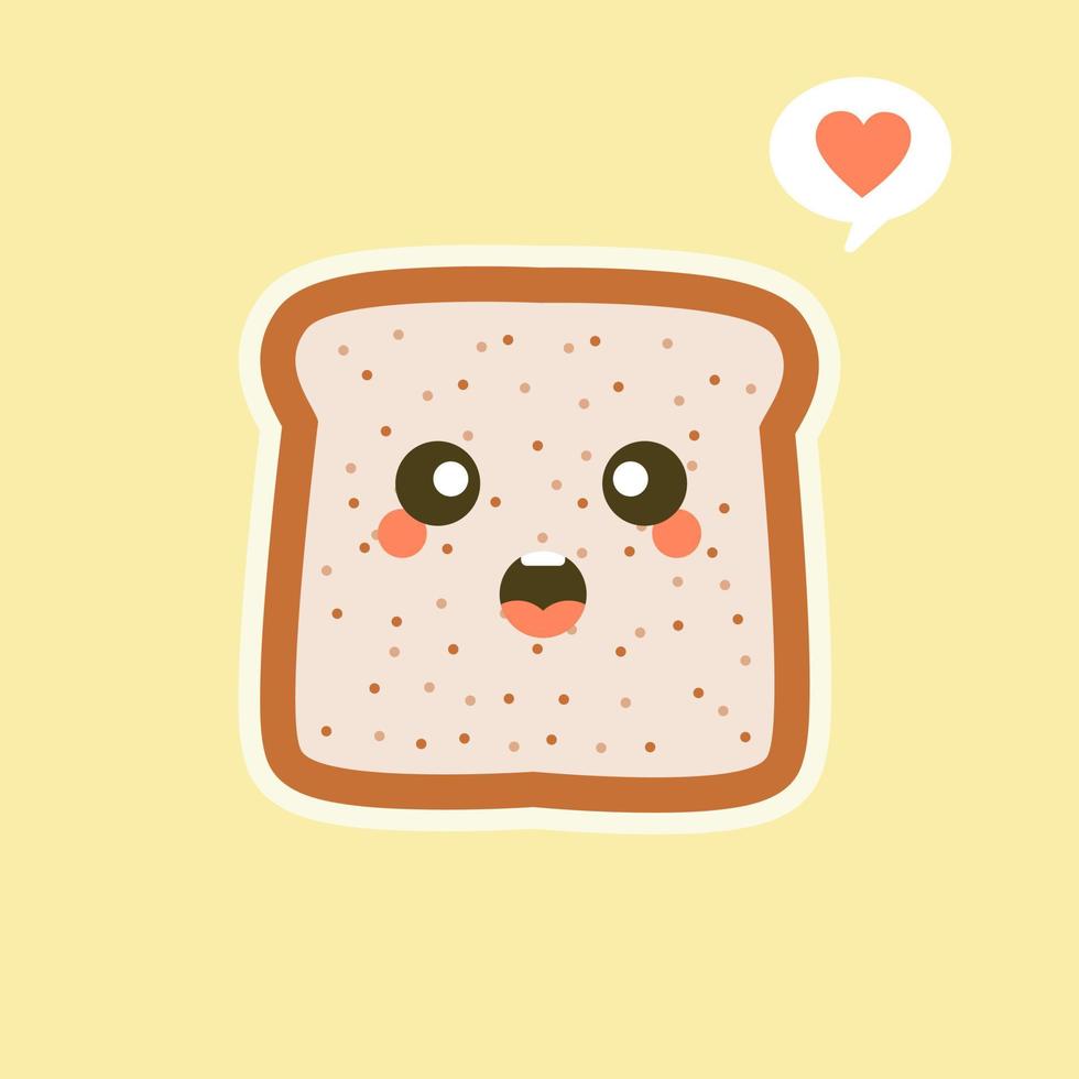 personnage de pain tranché mignon dessin animé drôle de vecteur isolé sur fond de couleur. mascotte d'étiquette de boulangerie. icône d'illustration de personnage de dessin animé plat vectoriel. toast, carte de bonjour, concept de petit-déjeuner