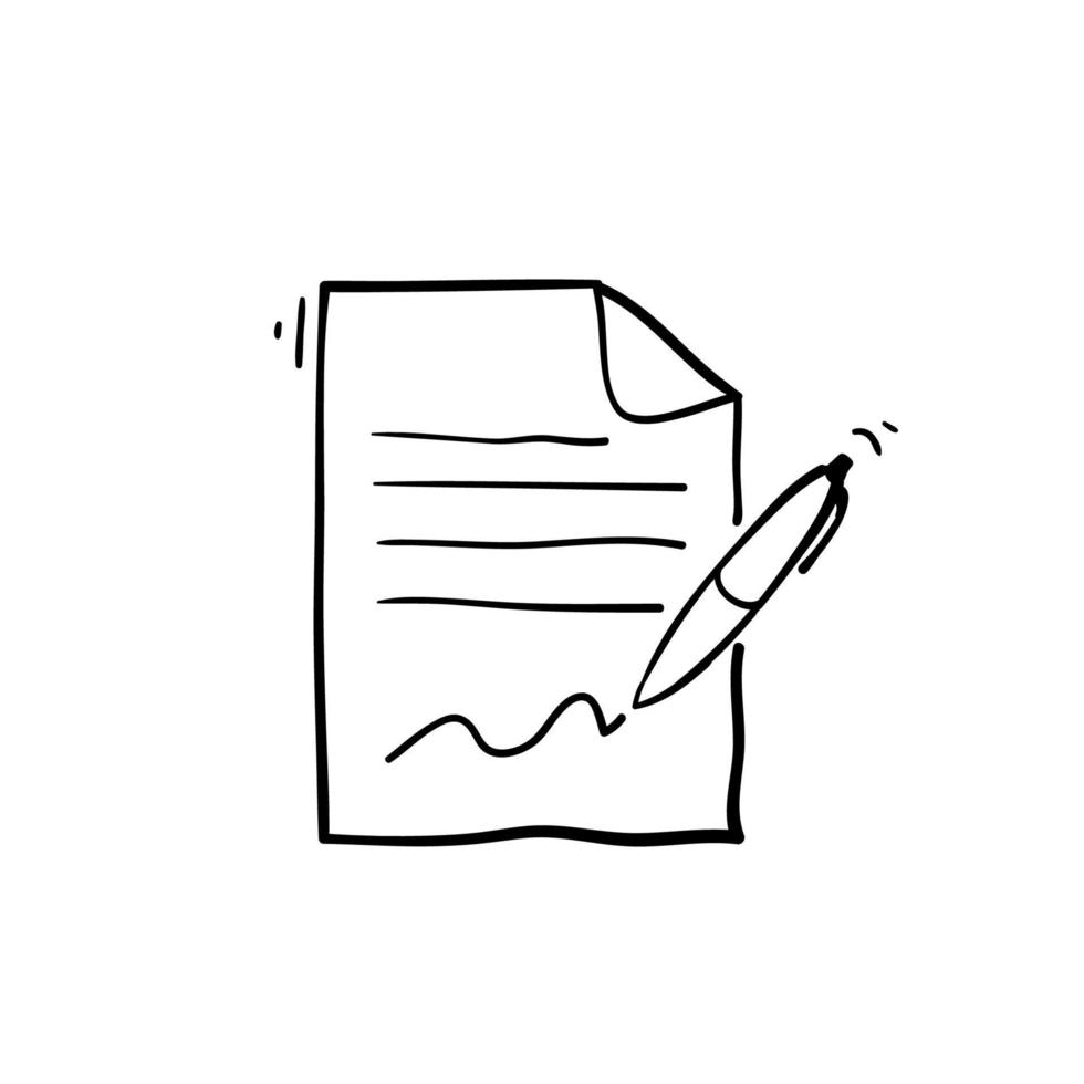 processus dessiné à la main d'accord financier commercial avec stylo et contrat. document avec un vecteur d'illustration de signature isolé