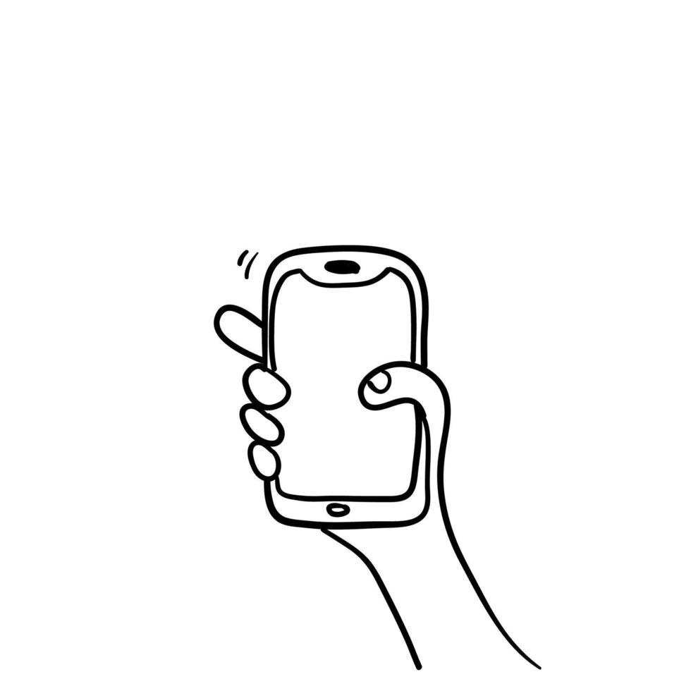 téléphone intelligent dans l'icône de la main avec illustration de style doodle dessinés à la main sur fond blanc vecteur