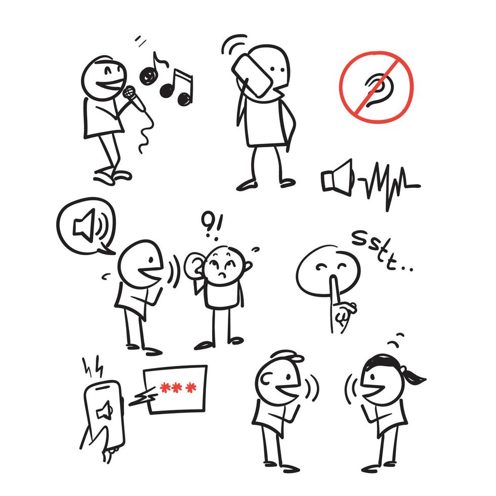 doodle dessiné à la main simple ensemble d'icône de collection d'illustrations liées à la voix vecteur