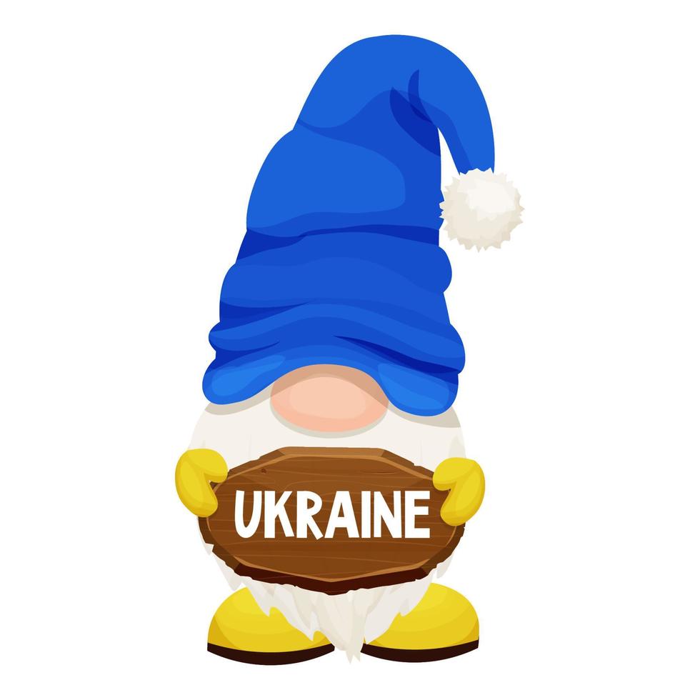 gnome aux couleurs ukrainiennes bleu et jaune, panneau en bois avec texte ukraine, concept de soutien en style cartoon isolé sur fond blanc. illustration vectorielle vecteur