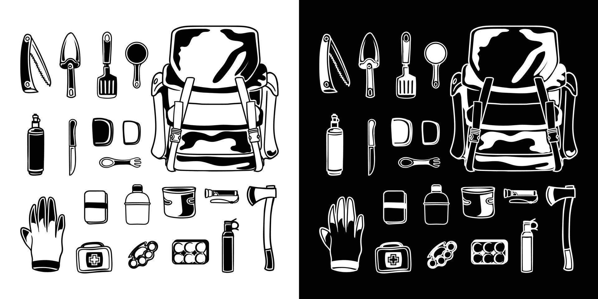 ensemble d'éléments vectoriels de camping d'aventure en plein air noir et blanc vecteur