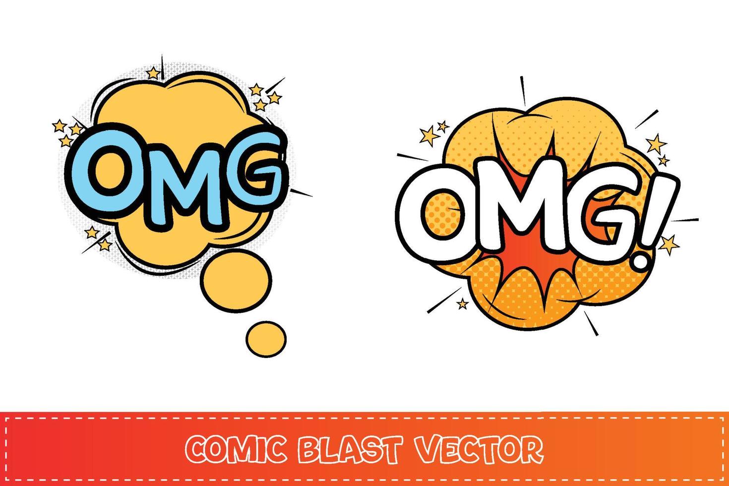 omg explosion comique de couleur jaune et bleue. omg comic explosion avec des couleurs orange, jaune et blanc. explosion d'éclatement comique avec des étoiles. omg bulles d'explosion pour les discours de dessins animés. vecteur