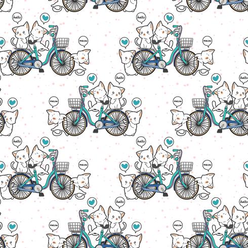Chats kawaii sans couture et modèle de vélo vecteur