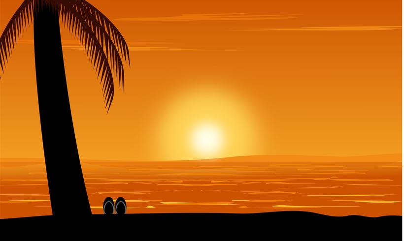 Silhouette de palmier vue sur la plage sous fond de ciel coucher de soleil. Illustration vectorielle de conception été vecteur