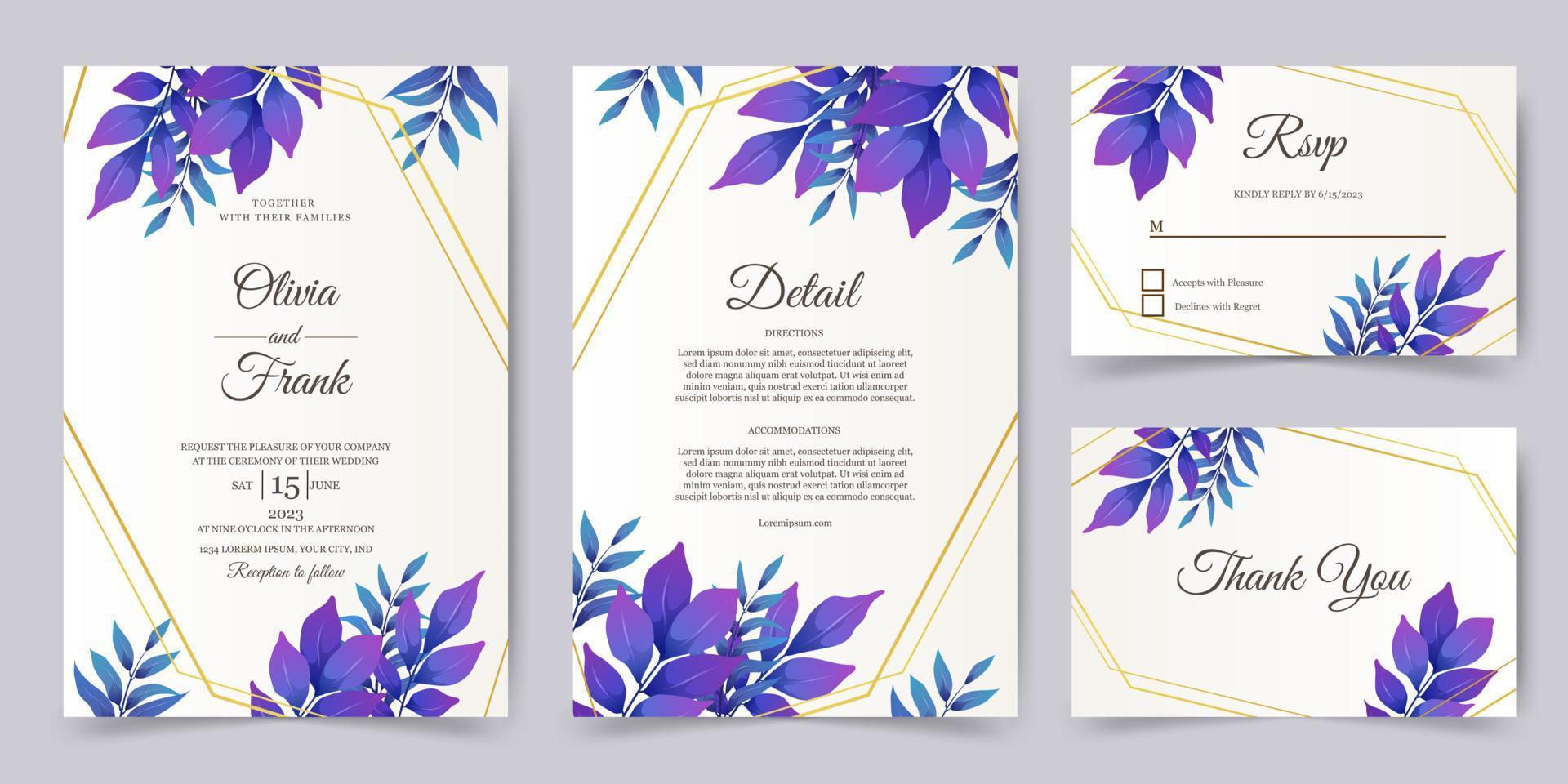 invitation de mariage ou carte de voeux avec un beau design de feuilles violettes. vecteur