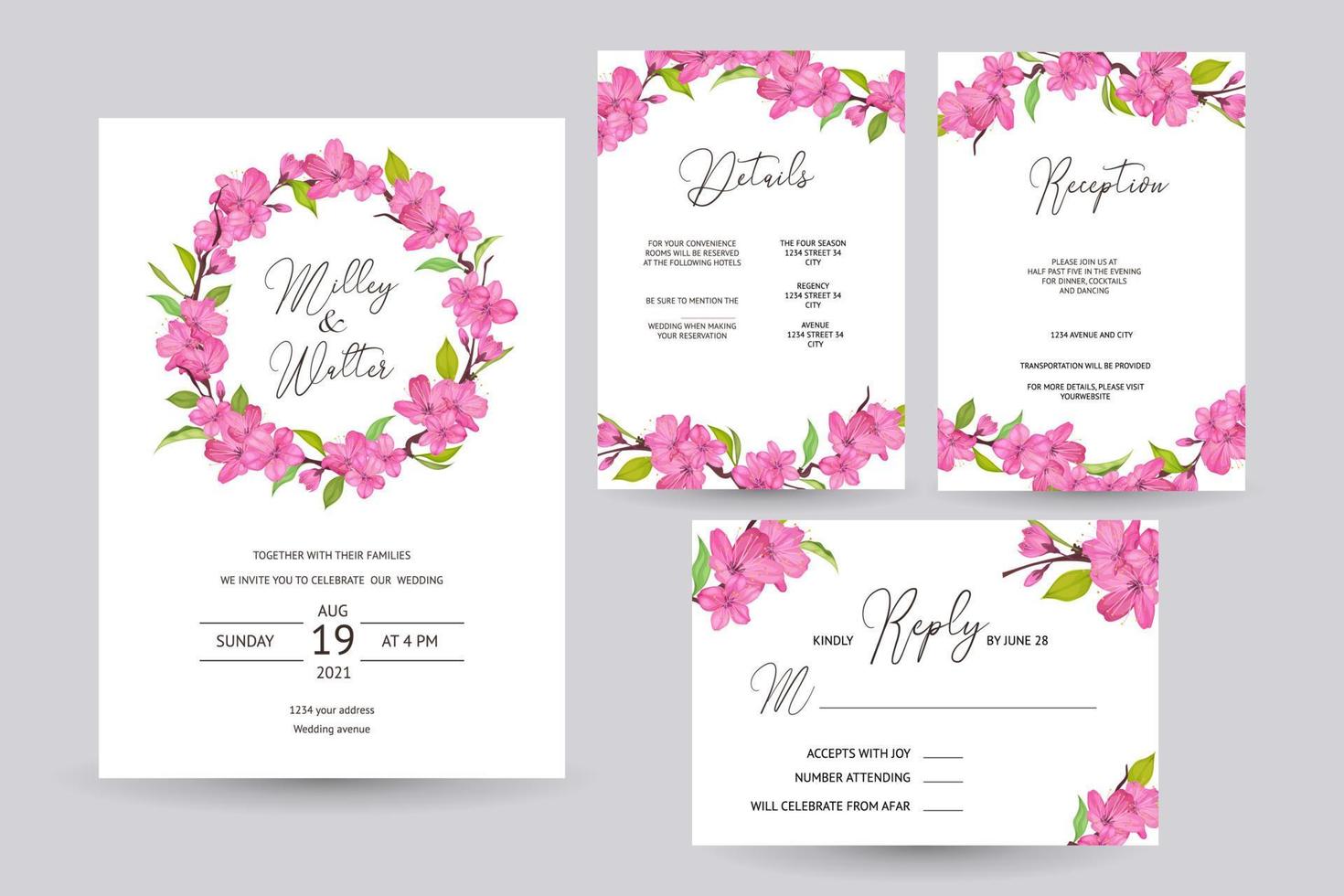 invitation de mariage ou cartes de voeux avec un design de fond de fleurs vecteur