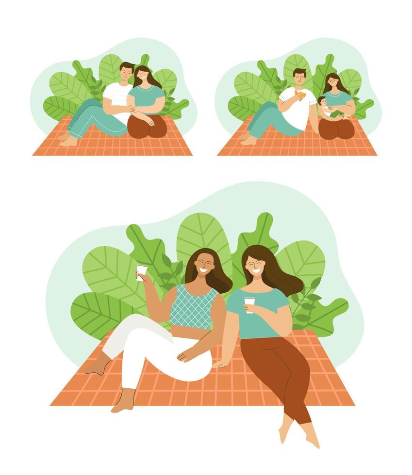 personnes adultes ayant un pique-nique dans le parc.famille avec un enfant, amies assises sur un plaid sur l'herbe.concept d'activité le week-end avec la famille et les amis. illustration vectorielle plane. vecteur