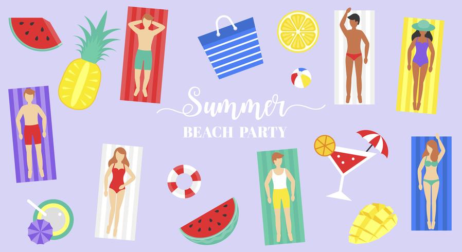 Summer Beach party, personnes sur un tapis de plage vecteur