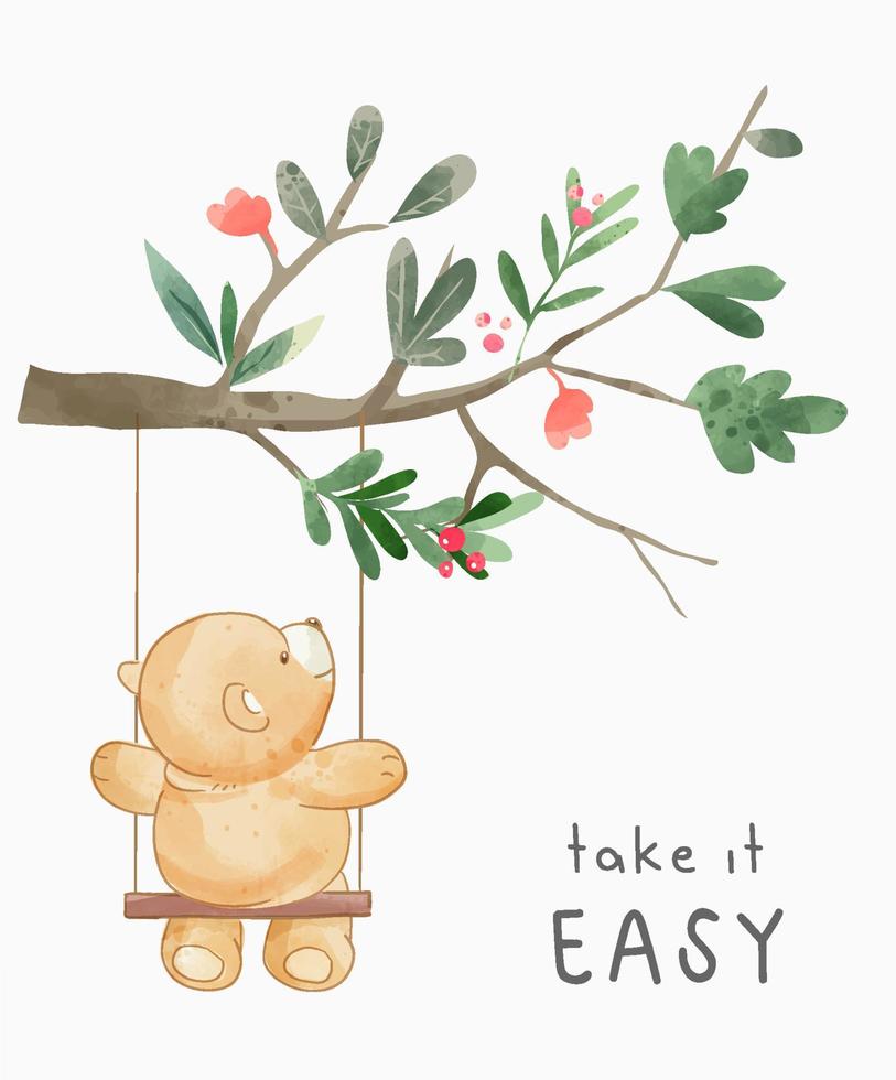 take it easy slogan avec un ours mignon sur l'illustration de la balançoire vecteur