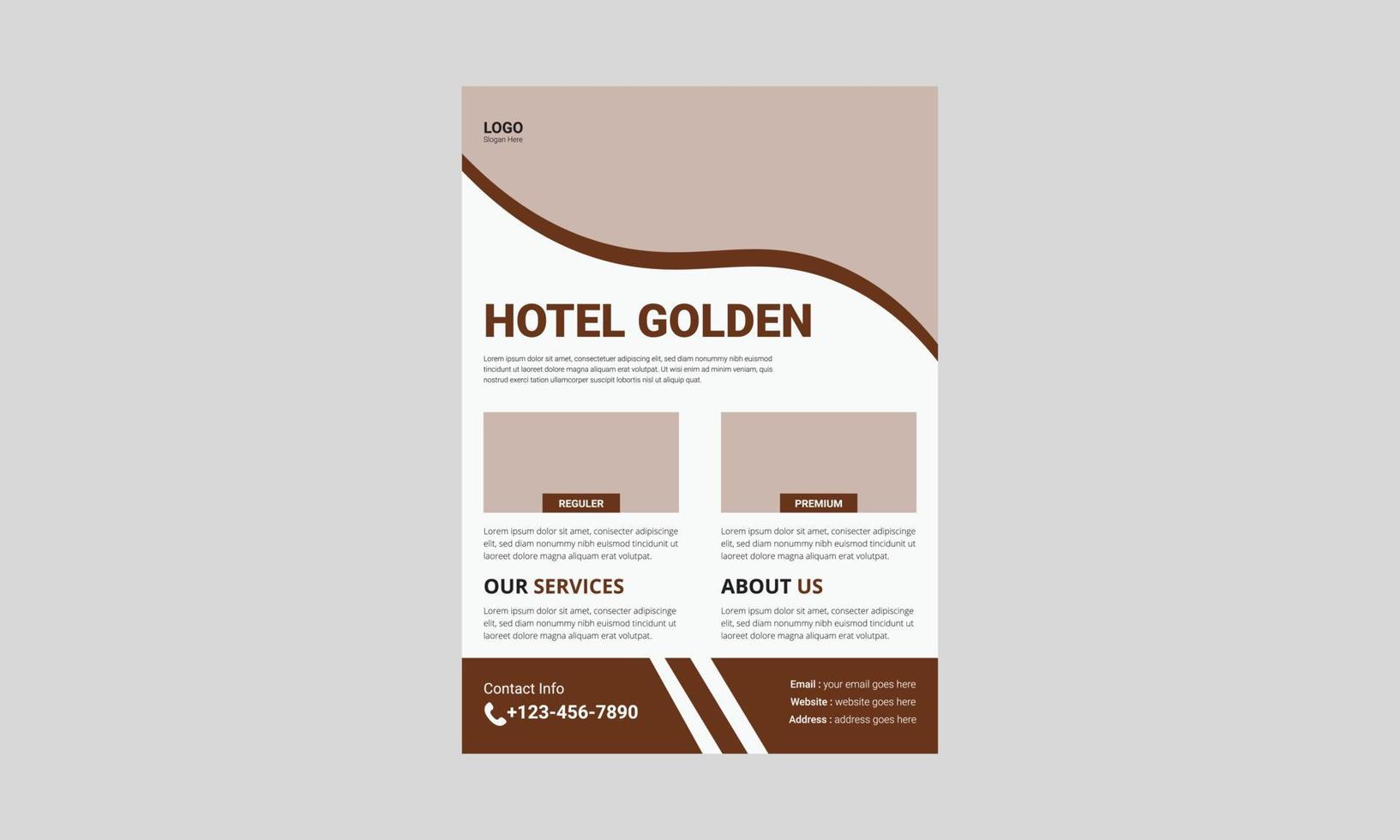 meilleure conception de modèle de flyer de service hôtelier. conception de dépliant d'affiche de flyer d'hôtel d'or. couverture, affiche, format a4, brochure, dépliant, prêt à imprimer vecteur