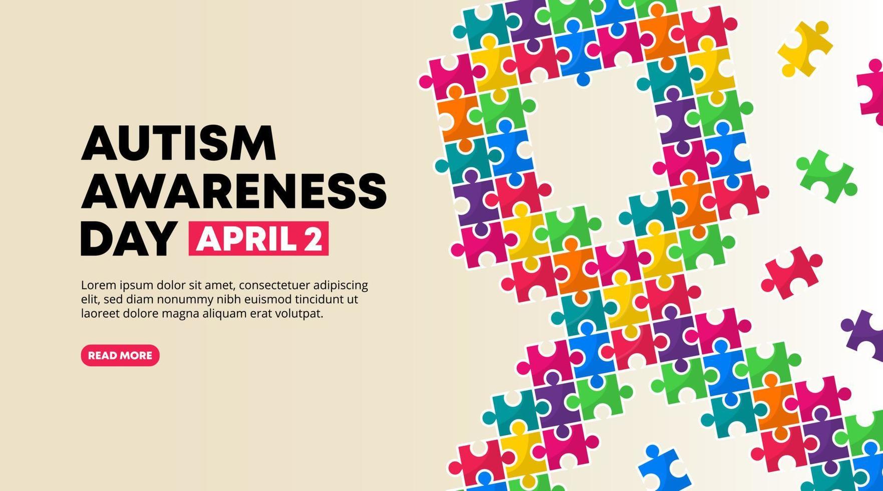 conception de la journée mondiale de sensibilisation à l'autisme avec art de puzzles de ruban coloré vecteur