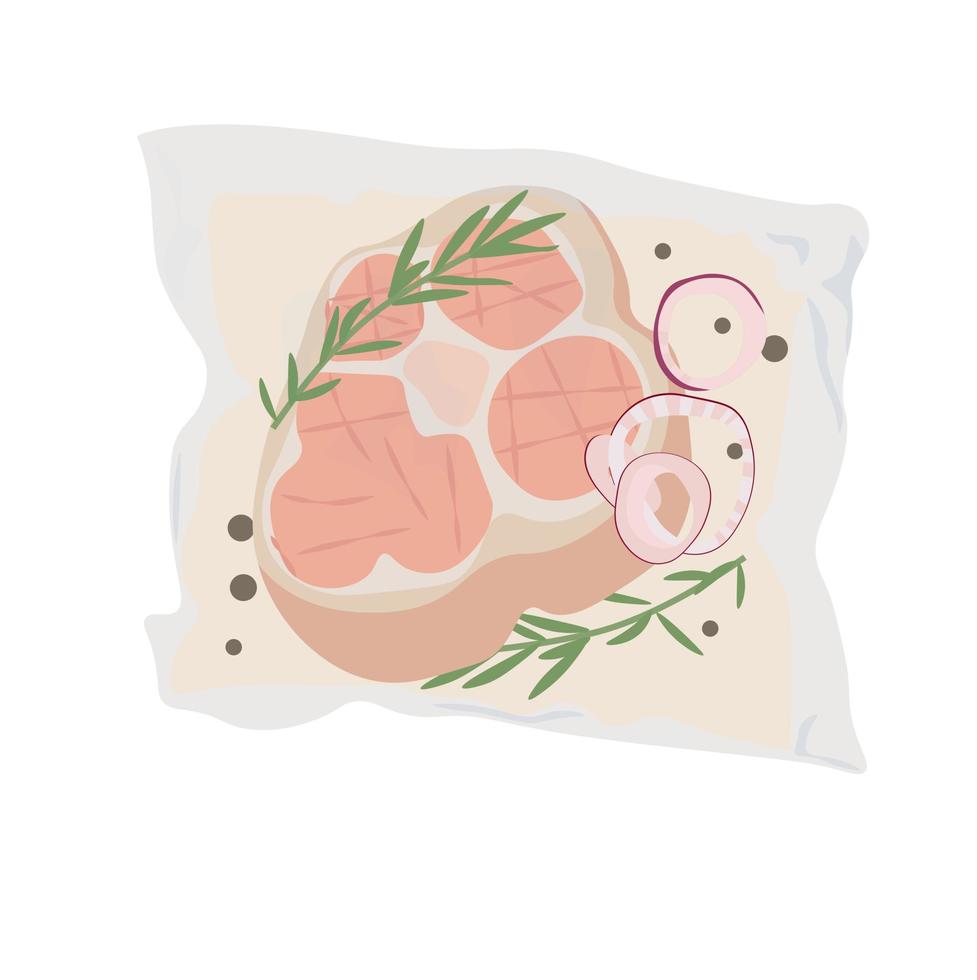 illustration vectorielle de kits de repas. livraison d'un ensemble de produits emballés pour le dîner. viande marinée dans un sac sous vide et légumes. isolé sur fond blanc. vecteur