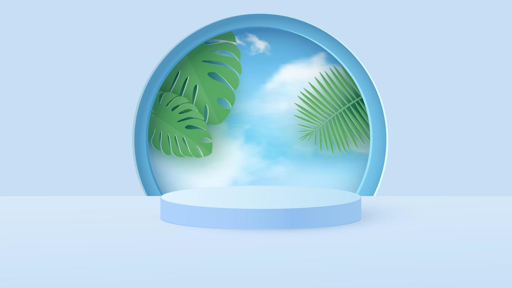 une scène minimale avec un podium cylindrique bleu clair avec des feuilles tropicales contre le ciel. scène pour la démonstration d'un produit cosmétique, vitrine. illustration vectorielle vecteur