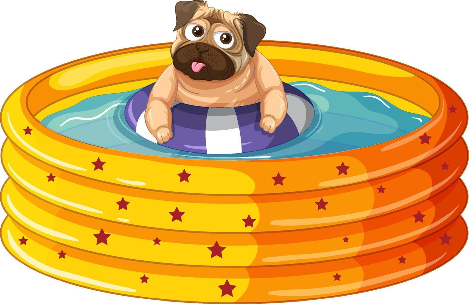 Un chien heureux avec anneau en caoutchouc dans une piscine gonflable sur fond blanc vecteur