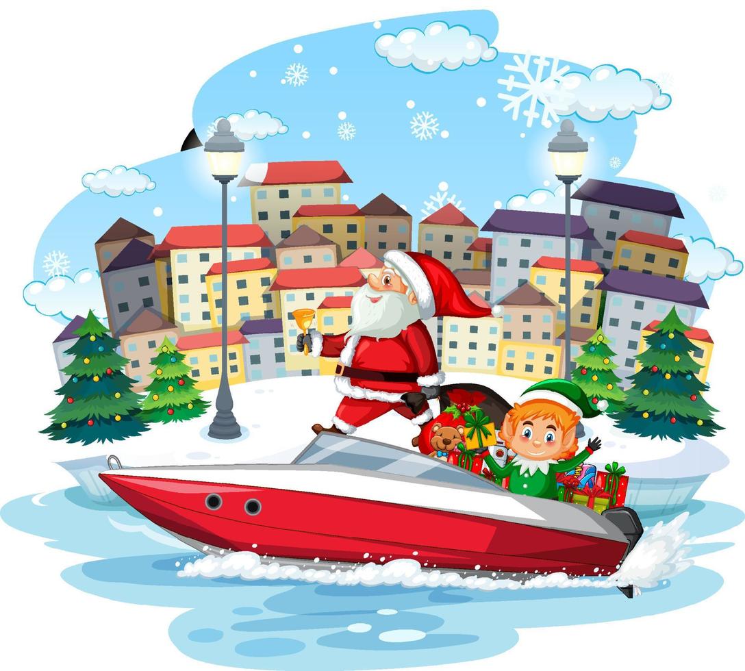 le père noël livre des cadeaux en bateau vecteur