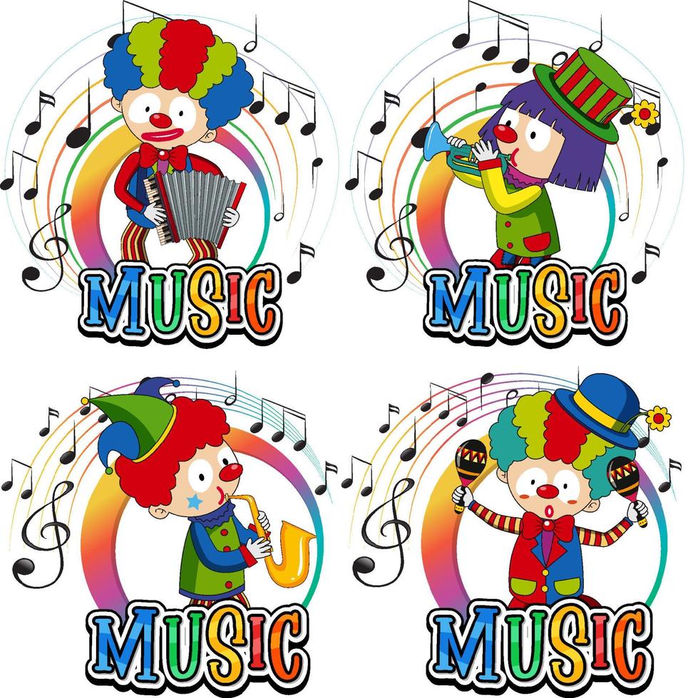 Set happy clown jouant des instruments de musique avec des notes de musique sur fond blanc vecteur