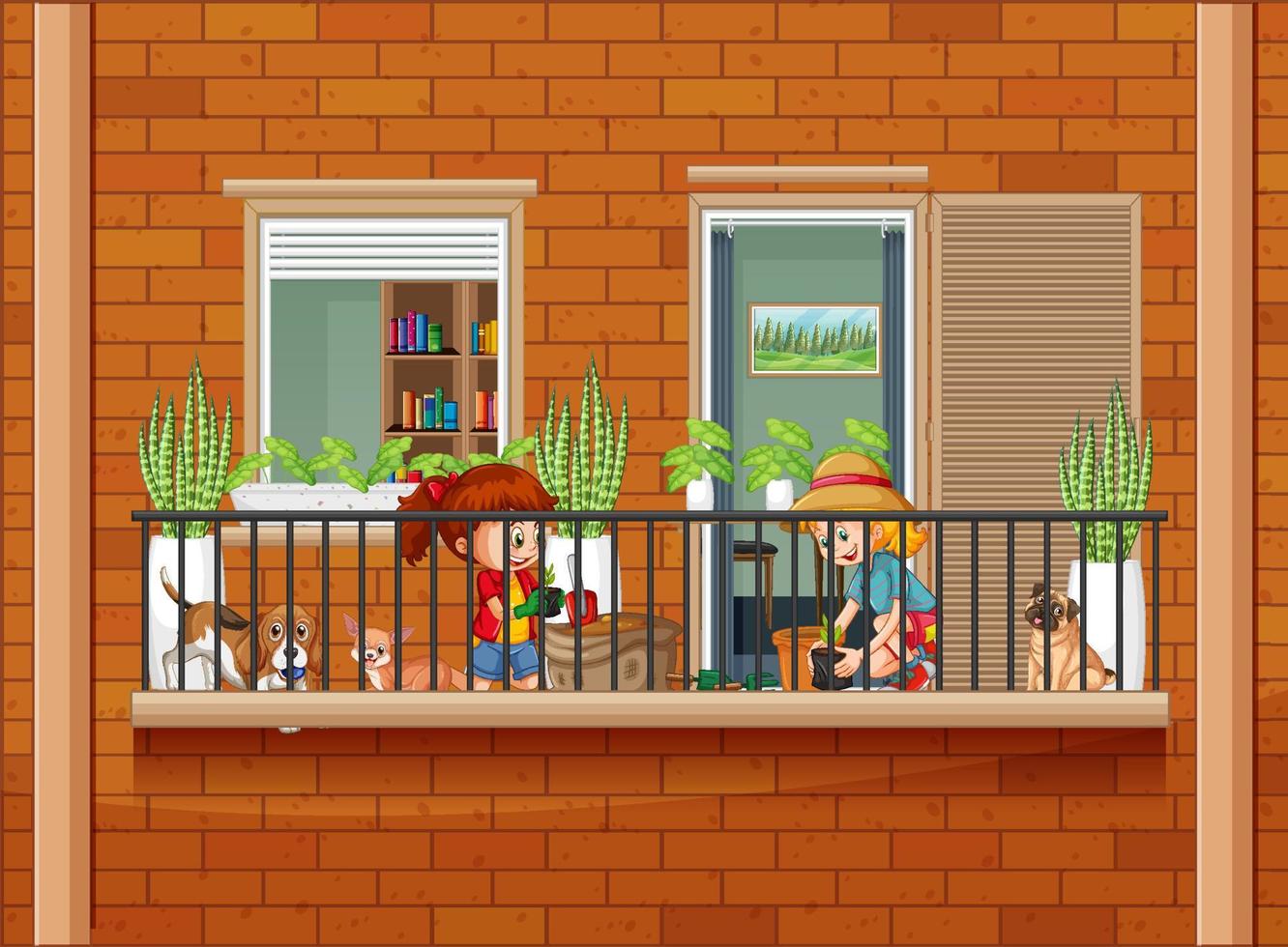 scène de balcon avec personnage de dessin animé pour enfants vecteur