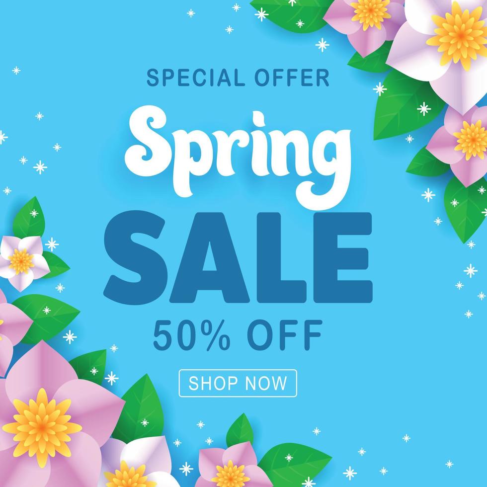 bannière de vente de printemps avec des fleurs en papier sur fond bleu. vecteur