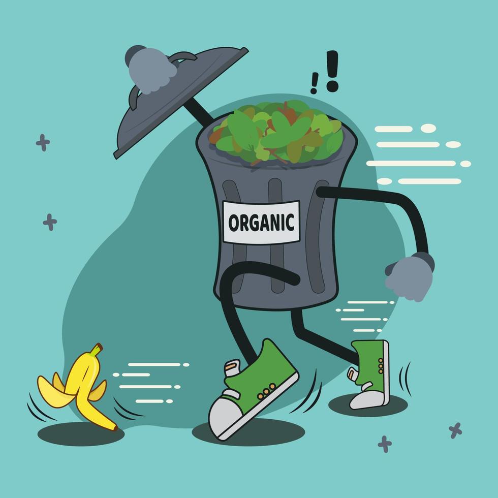 poubelle organique chassant les pelures de banane personnage de dessin animé illustration vectorielle vecteur