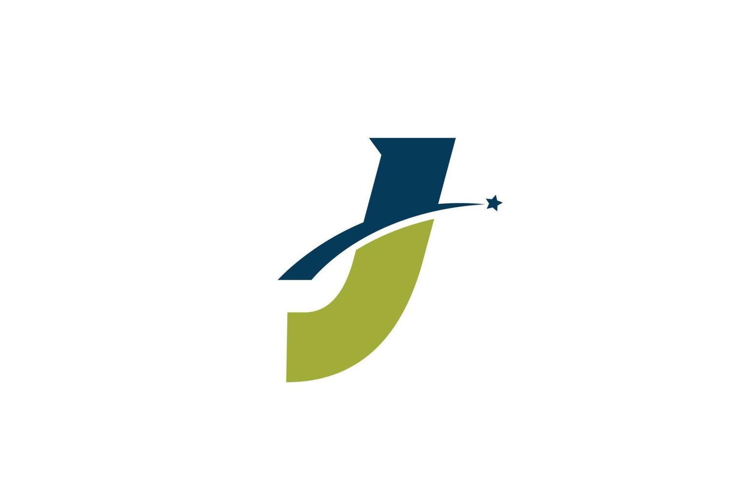 icône du logo lettre alphabet bleu vert j avec étoile. design créatif pour entreprise ou entreprise avec swoosh vecteur